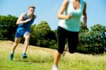 Two Athletes Running Through Meadows Stock Photo