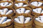 Steamed Fish, Plaa Tuu (mackerel) In Bamboo Steamers At The Seaf Stock Photo