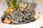 Seafood Black Spaghetti Stock Photo