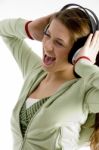 Shouting Lady Listening Music Stock Photo