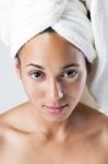 Pretty Young Woman At The Bathroom Stock Photo