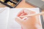 Simple Office Desk With Necessary Tool Stock Photo