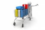 3d Man Rolls The Shopping Cart With Gifts Stock Photo