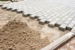 Construction Of A New Pavement Of Paving Slabs Stock Photo