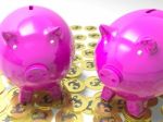 Piggybanks On Pound Coins Shows Wealthy Savings Stock Photo