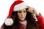 Thinking Lady Wearing Christmas Hat Stock Photo