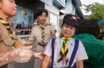 Student 9-10 Years Old, Welcome To Boy Scout Camp In Bangkok Thailand Stock Photo