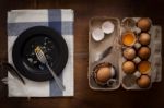 Eating Fried Eggs Flat Lay Still Life Rustic With Food Stylish Stock Photo