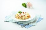 A Plate Of Spaghetti Carbonara Stock Photo