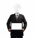 Lamp Head Businessman Holding Computer Laptop Screen Stock Photo