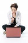 Lady Blowing Kisses With Laptop Stock Photo