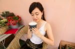 Portrait Of Thai Adult Women Office Beautiful Girl Drinking Coffee Stock Photo