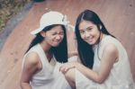 Two Asia Thai High School Student Best Friends Beautiful Girl Smile And Funny Stock Photo