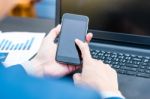 Handsome Businessman Wearing Suit And Using Modern Laptop Outdoo Stock Photo