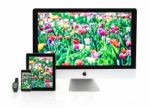 Multiscreen - Apple Watch, Iphone, Ipad And Imac Screens Stock Photo