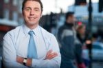 Confident Businessman Posing, Street Background Stock Photo