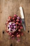 Shallots Still Life Wood Background Stock Photo