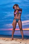 Beautiful Black African American Woman Posing On The Beach At Su Stock Photo