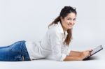 Beautiful Young Woman With Digital Tablet Stock Photo