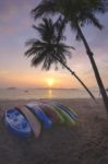 Sunrise With Kayak Boat And Coconut Palm Trees On Tropical Beach Stock Photo