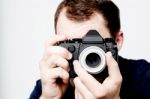 Man Holding Vintage Camera, Photographer Stock Photo