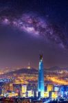 South Korea Skyline Of Seoul, The Best View Of South Korea With Lotte World Mall At Namhansanseong Fortress Stock Photo