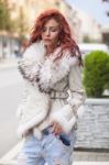 Beautiful Fashion Woman In Fur Coat Stock Photo