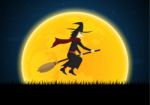 Halloween Witch On Broom Moon Graveyard Stock Photo