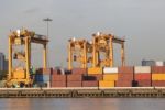 Ship Yard With Heavy Crane With Container Box Stock Photo