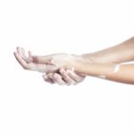 Woman Washes Her Hands. Pictured Female Hands In Soapsuds. Isola Stock Photo