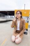 Portrait Of Thai Adult Businesswoman Beautiful Girl Calling Smart Phone Stock Photo