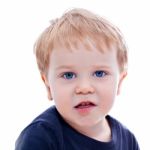 Toddler Blond And Blue Eyes Boy Child With Various Facial Expres Stock Photo