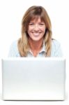 Pretty Smiling Lady Working On Laptop Stock Photo