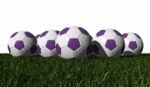 Purple Soccer Balls On A Green Grass Stock Photo