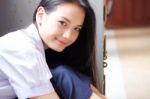 Portrait Of Thai High School Student Uniform Teen Beautiful Girl Happy And Relax, Stock Photo