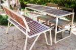 Outdoor Table And Chair In Garden Stock Photo