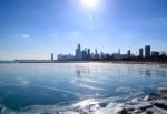 Chicago Skyline In Winter, Frozen Lake Michigan Stock Photo