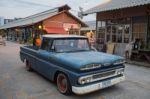 Old Vintage Blue Chevrolet Truck At Night Market, Srinakarin Roa Stock Photo