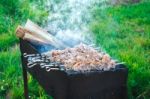 Shish Kebab Is Fried On Coals Stock Photo