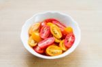 Cherry Tomatoes In White Bowl Stock Photo