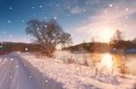 Sun And Snowflakes. Sunny Winter Morning On A River Stock Photo