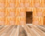 Wooden Wall With Door And Wood Floor In Front Off Stock Photo