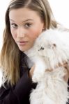 female model Posing With Her cat Stock Photo