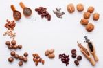 Spoon Of Various Legumes And Different Kinds Of Nuts Walnuts Ker Stock Photo