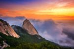 Bukhansan Mountains Is Covered By Morning Fog And Sunrise In Bukhansan National Park, Seoul In South Korea Stock Photo