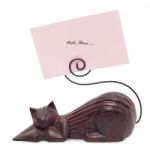 Wood Cat Ornament With Pink Note Paper Isolated On White Stock Photo