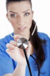 Closeup Shot Of Female Nurse With Stethoscope Stock Photo