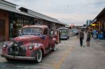 Old Vintage Red Chevrolet Truck At Night Market, Srinakarin Road Stock Photo