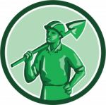 Green Miner Holding Shovel Circle Retro Stock Photo