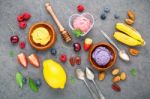 Flat Lay Ice Cream With Various Fruits Raspberry ,blueberry ,str Stock Photo